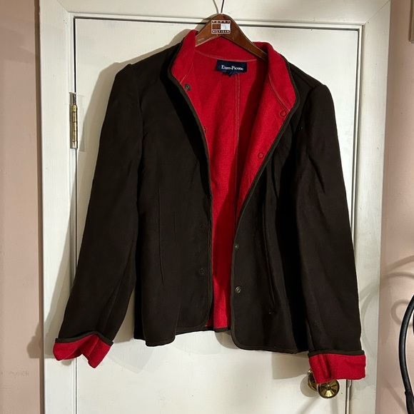 Evan Picone wool blend jacket Size 10 brown w red accents lining military look - Picture 1 of 9